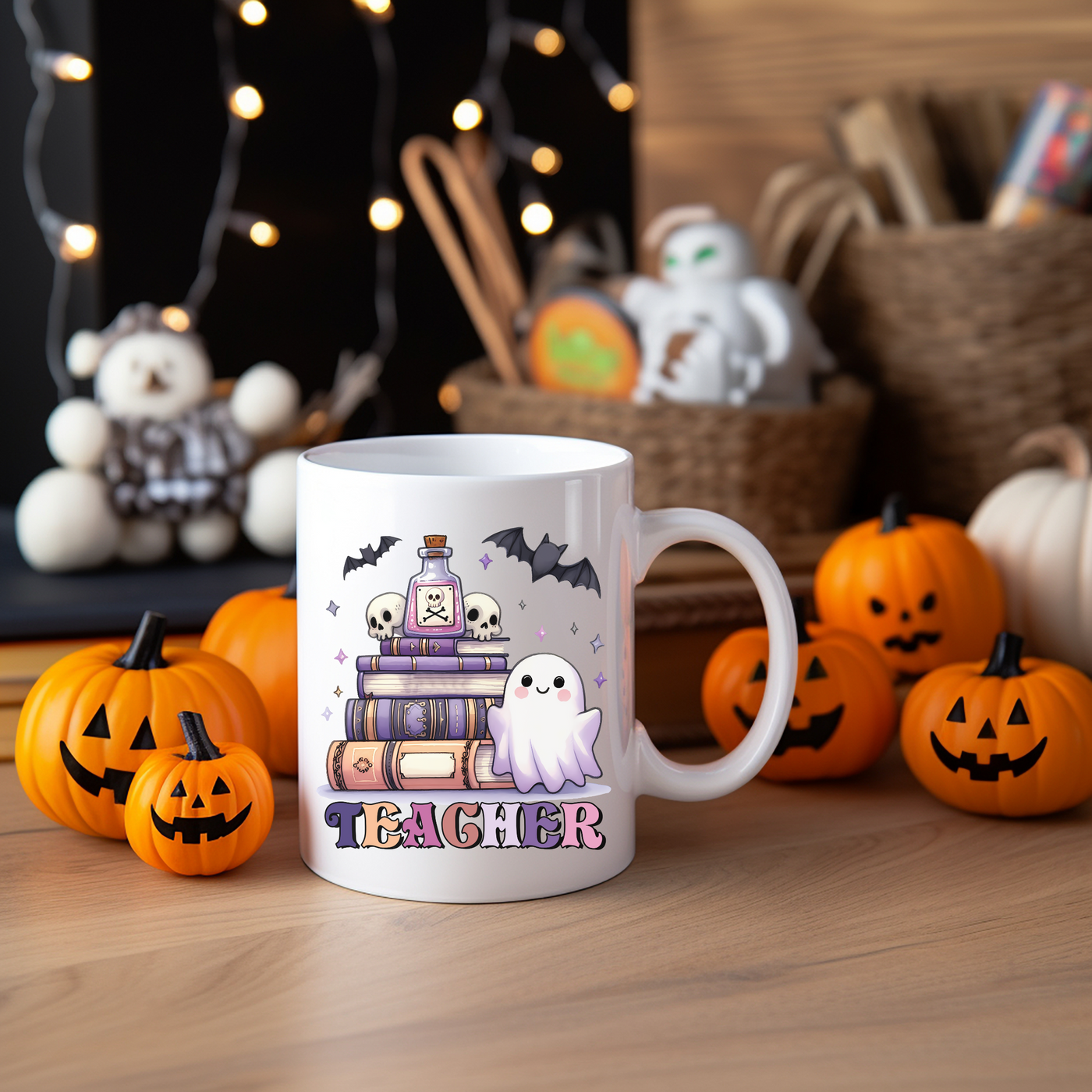 a white coffee mug with a ghost on it