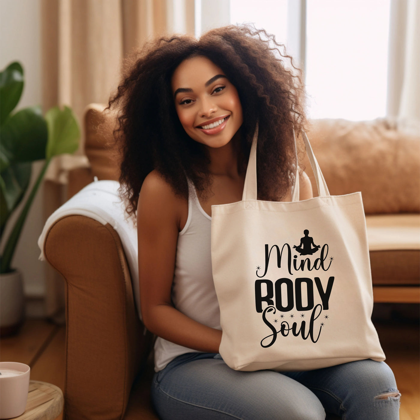 a woman sitting on a couch holding a bag