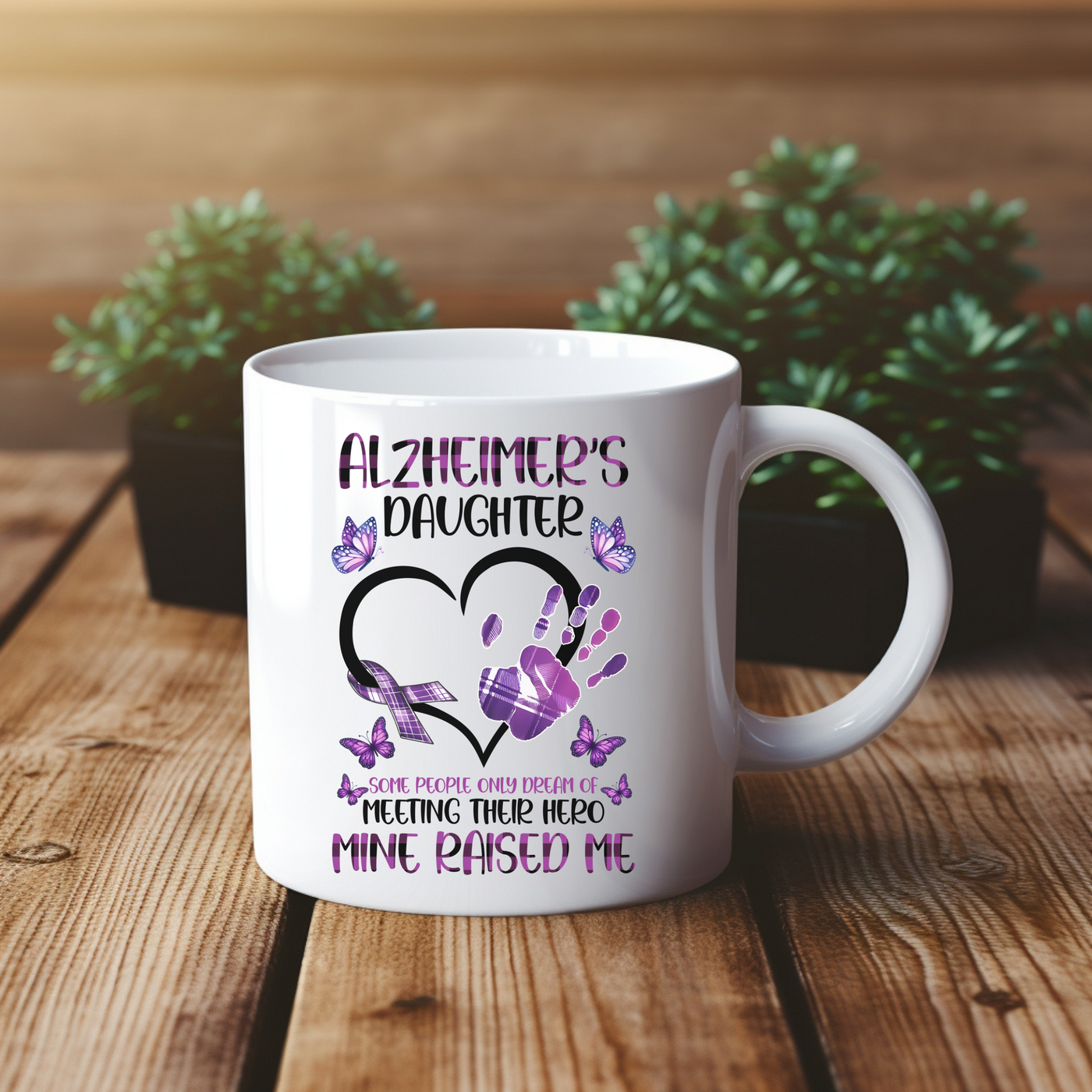 a white coffee mug with a purple heart on it