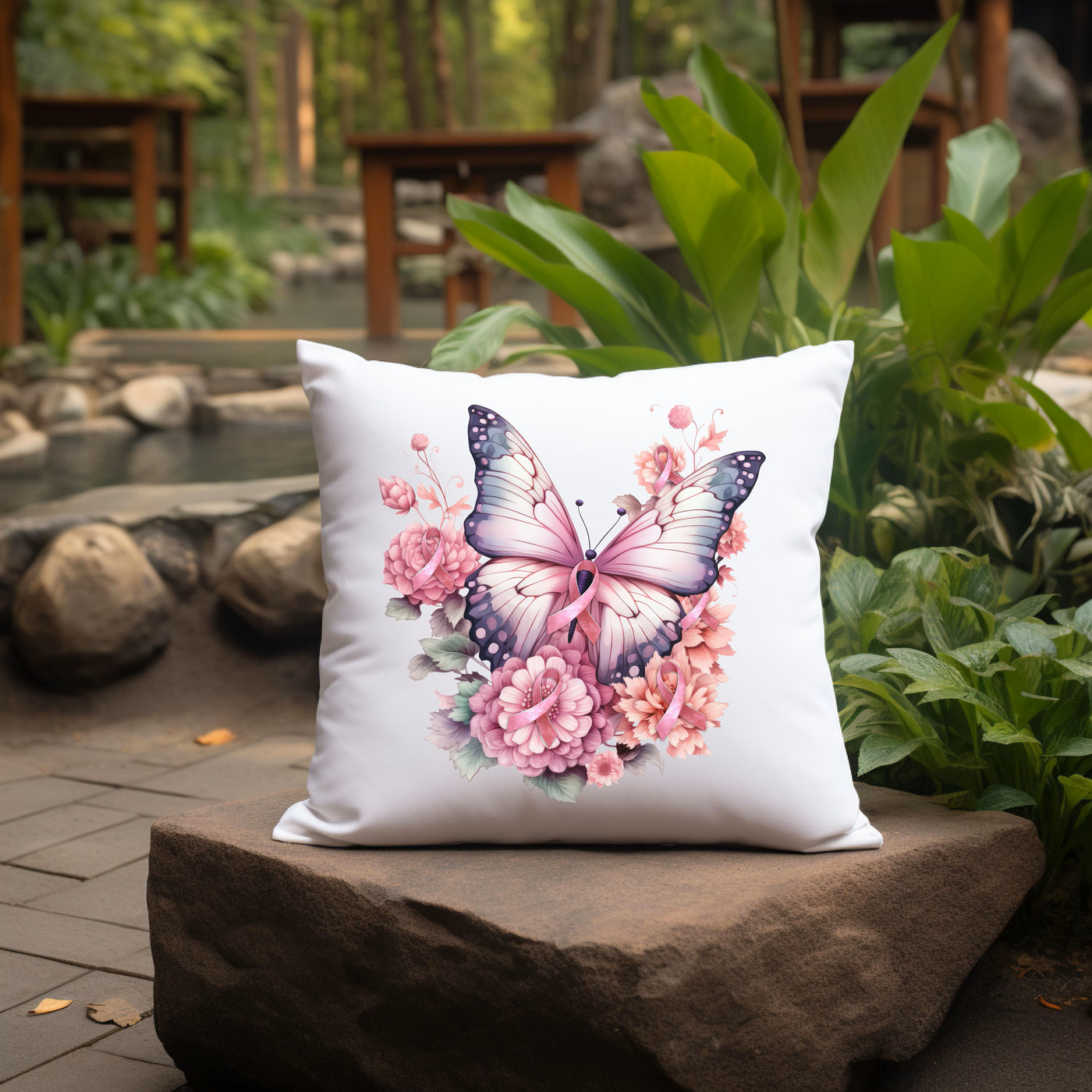 Decorative pillow with butterfly and floral design in a serene garden setting