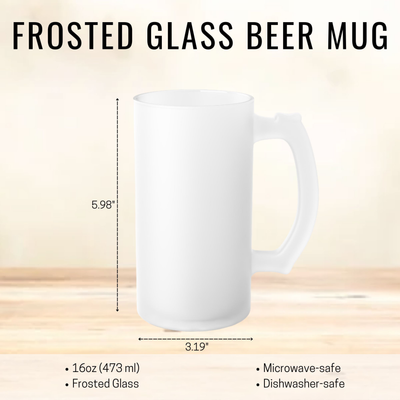 Frosted glass beer mug with handle, 16oz (473 ml), 5.98 inches tall, microwave-safe and dishwasher-safe.