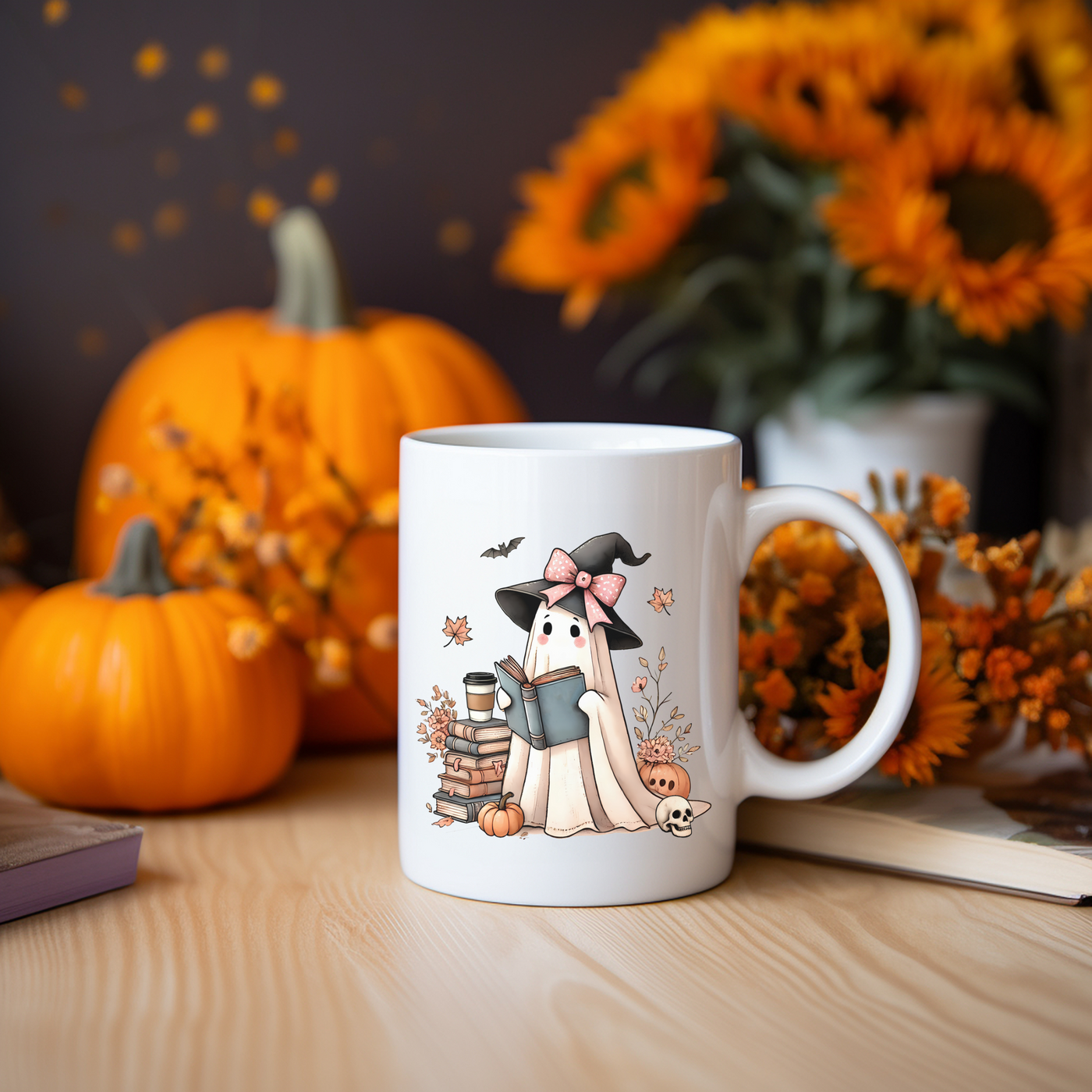 a white coffee mug with a dog and pumpkins in the background