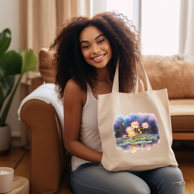 a woman sitting on a couch holding a tote bag