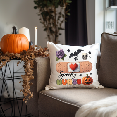 a couch with a pillow that says spooky nurse on it