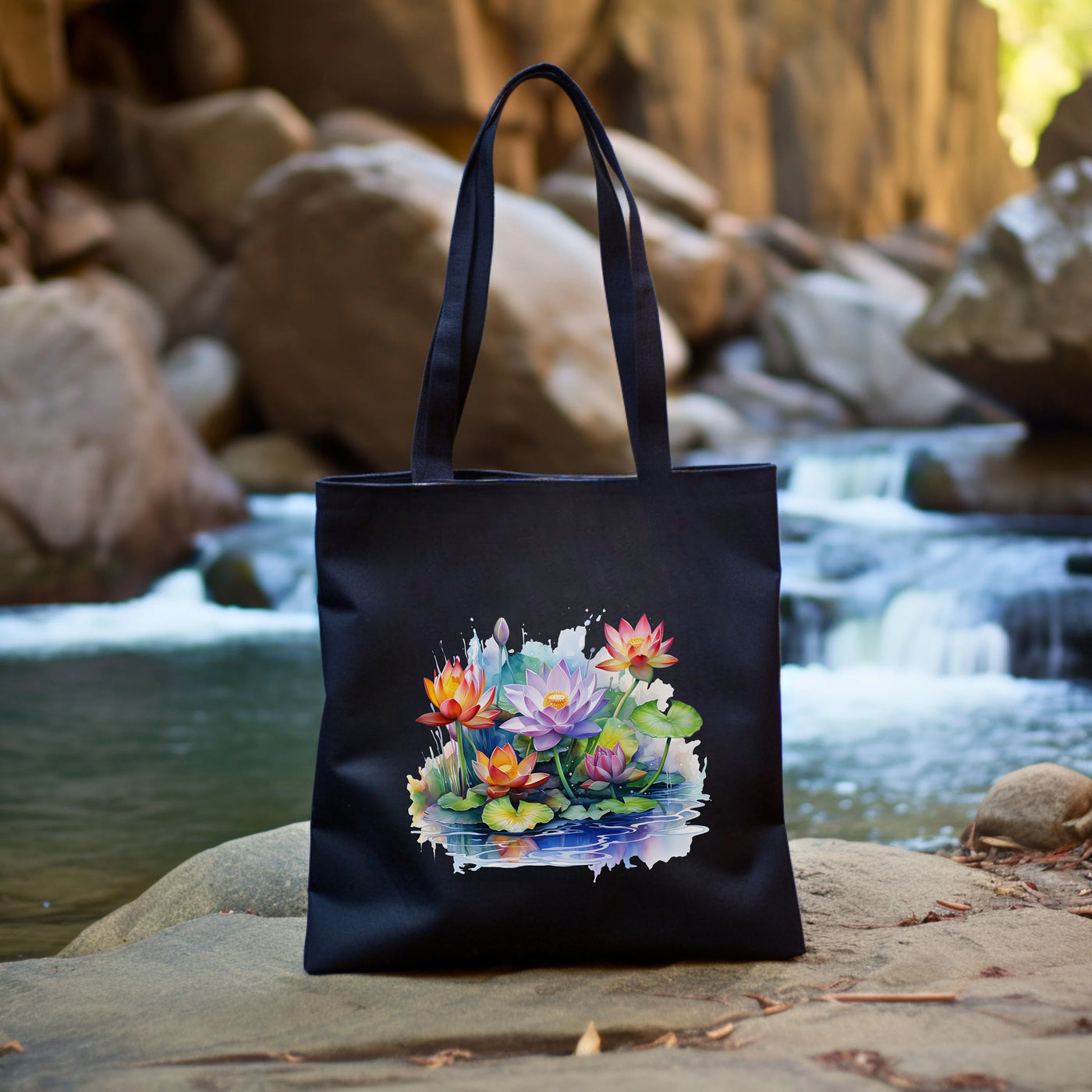 a black bag with a picture of flowers on it