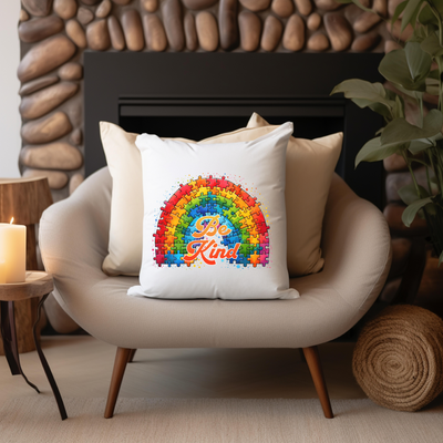 Cozy armchair with a decorative pillow featuring a colorful puzzle piece rainbow and "Be Kind" message, next to a lit candle.