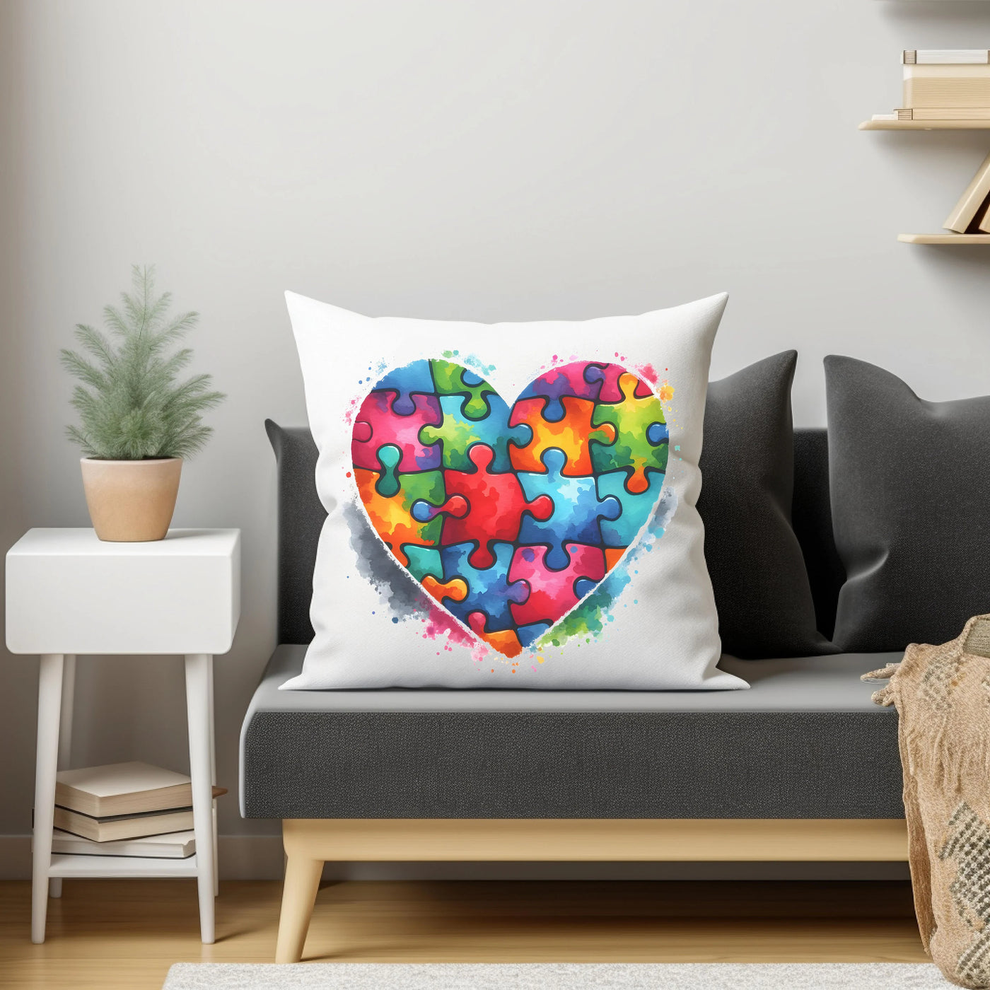 Colorful puzzle heart design on a white decorative throw pillow placed on a modern gray couch in a stylish living room.