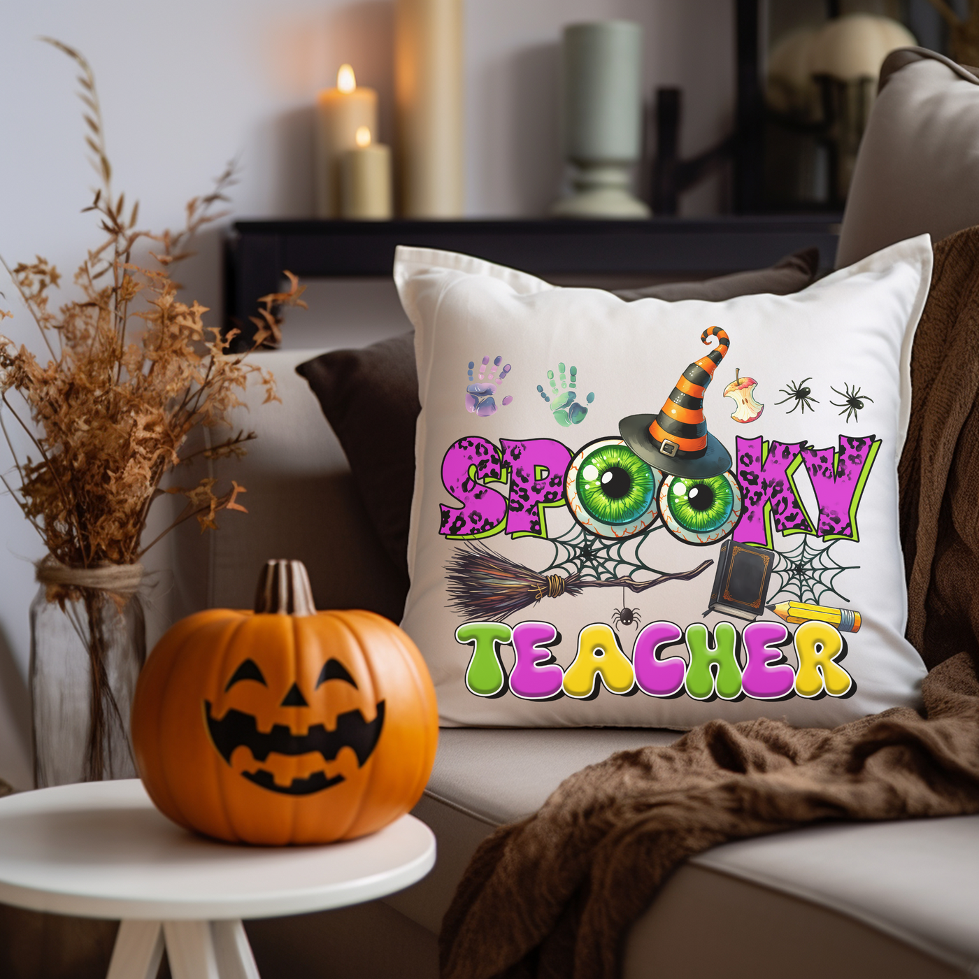 a pillow that says boogy teacher on it next to a pumpkin