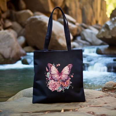 a black bag with a pink butterfly on it