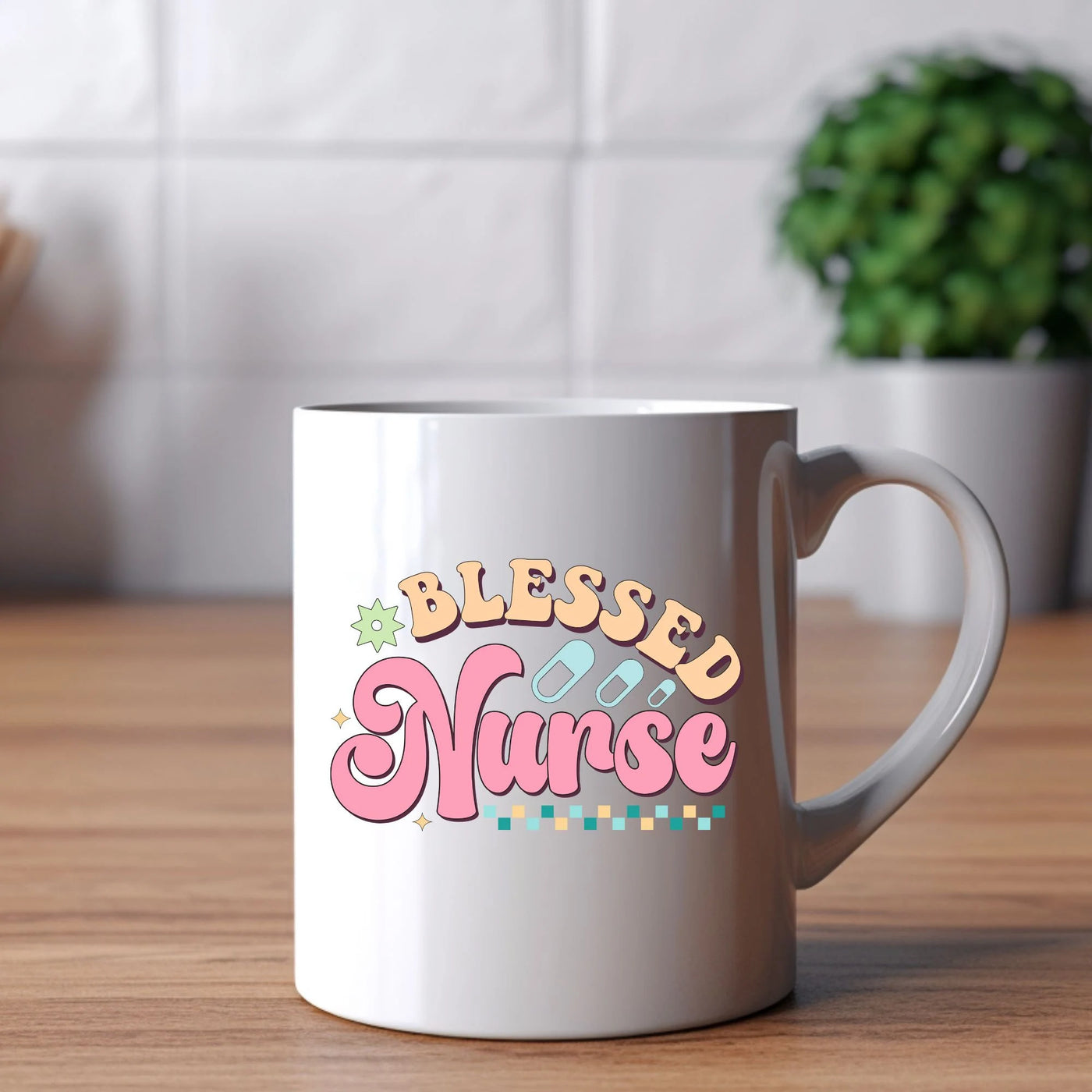 a white coffee mug sitting on top of a wooden table