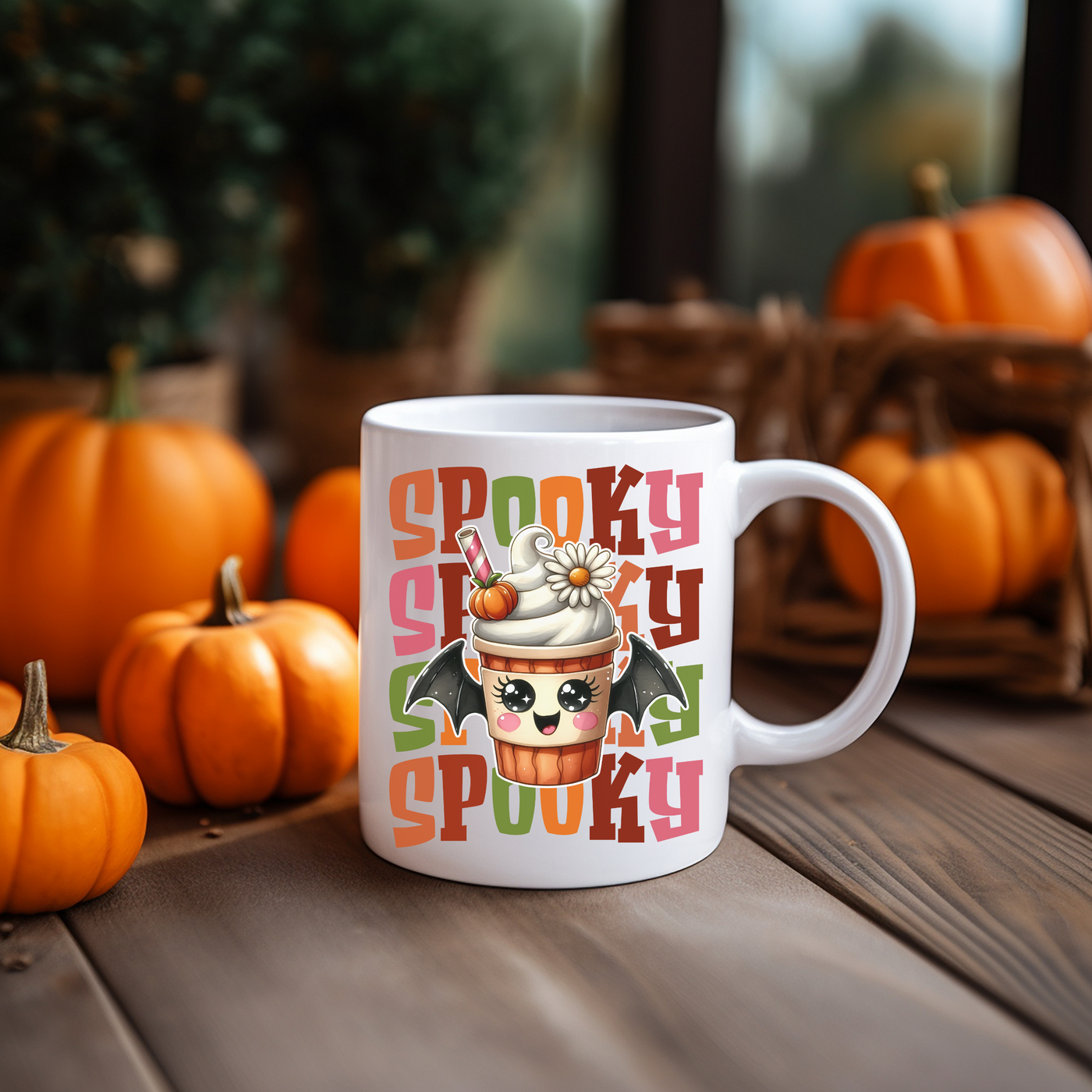 a cup of coffee with a spooky spooky on it