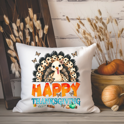 a happy thanksgiving pillow with a turkey on it