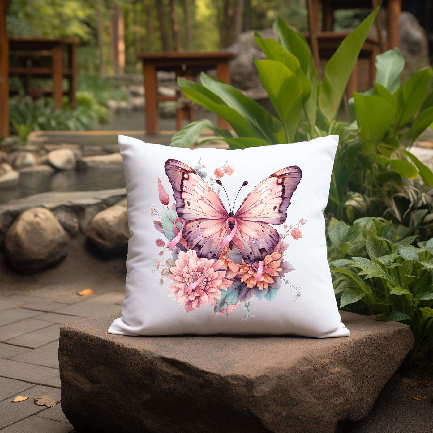 Decorative pillow with butterfly and floral design resting on a stone chair in a peaceful garden setting.