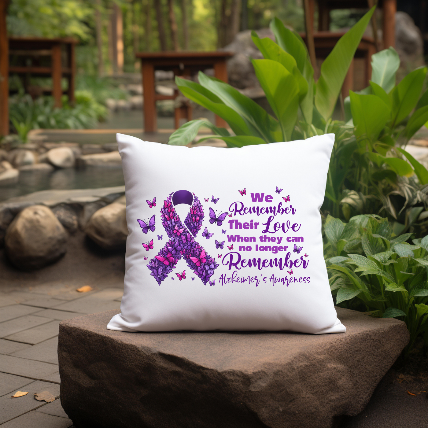 a pillow that has a purple ribbon on it