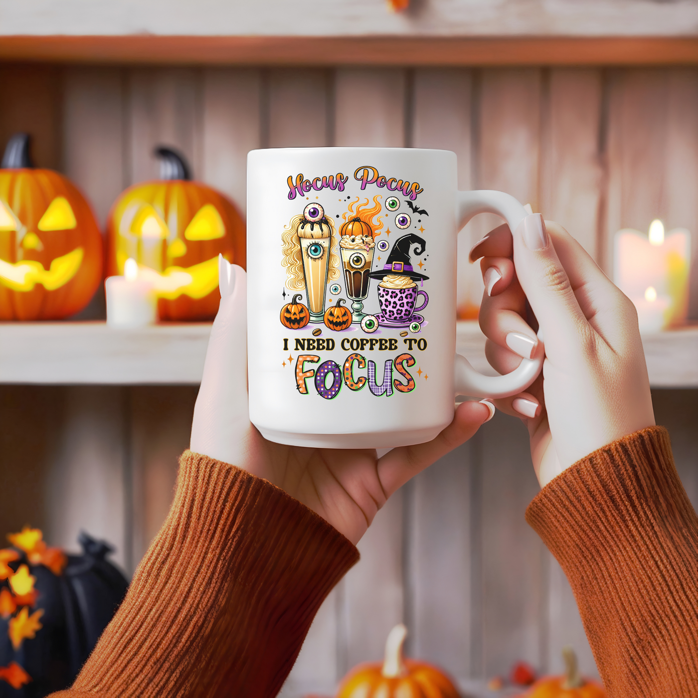 a person holding a coffee mug in front of a shelf