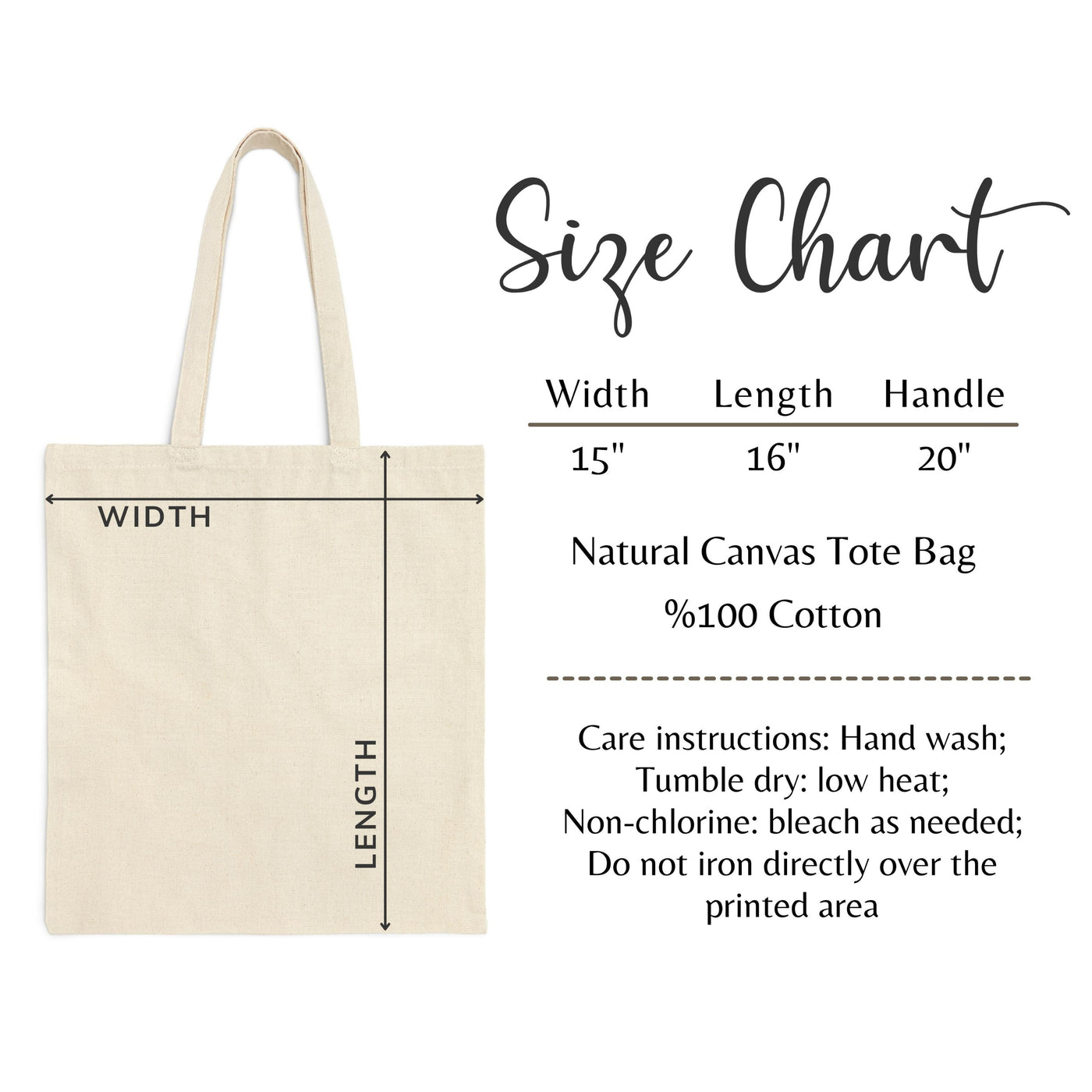 Natural canvas tote bag size chart showing dimensions of width, length, and handle, with care instructions for washing and drying.