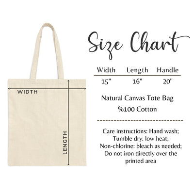 Natural canvas tote bag size chart showing dimensions of width, length, and handle, with care instructions for washing and drying.