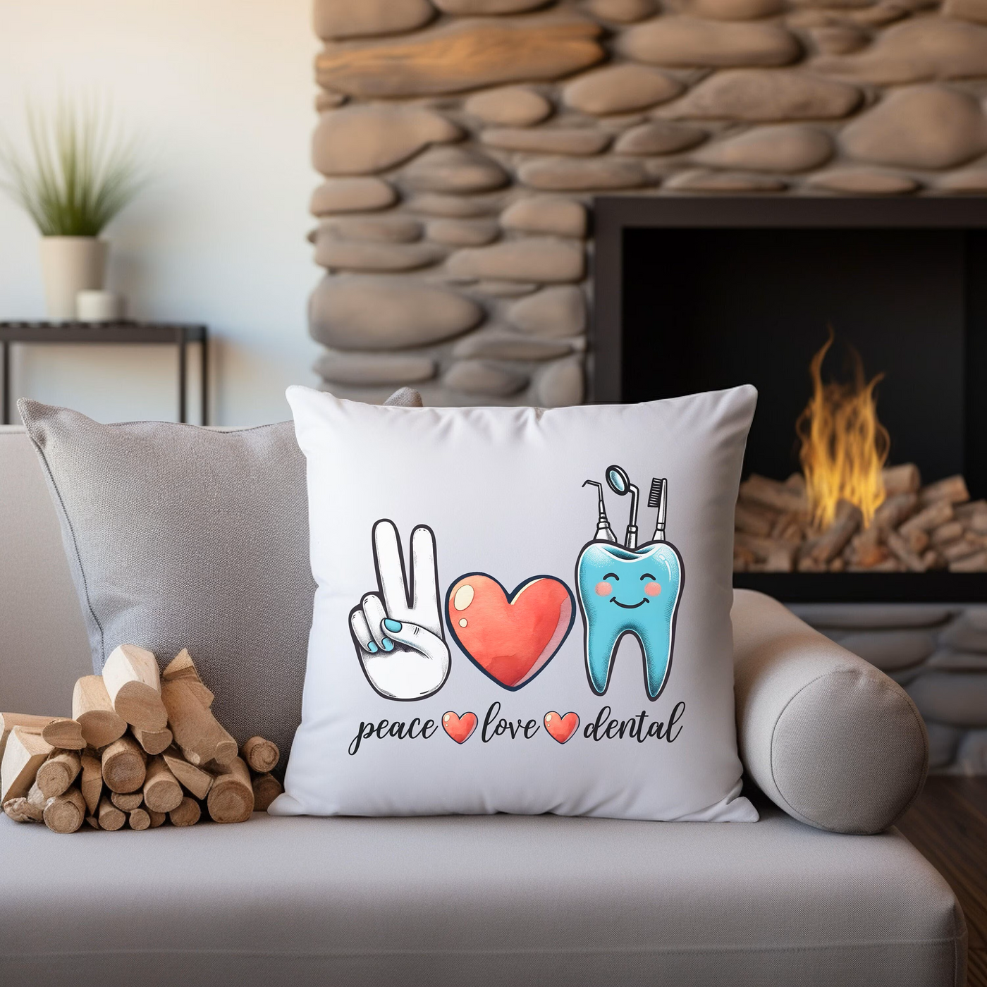 a couch with a pillow that says peace love dental