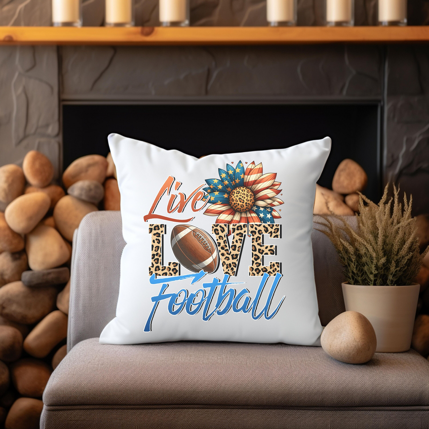 a football pillow sitting on a chair next to a fireplace