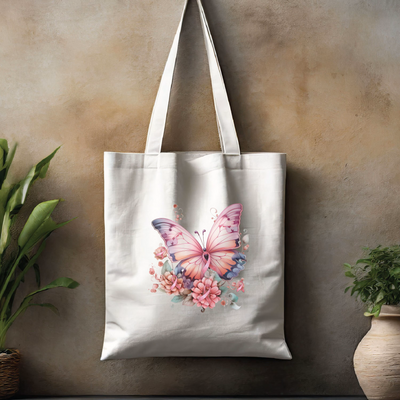 a white tote bag with a pink butterfly on it