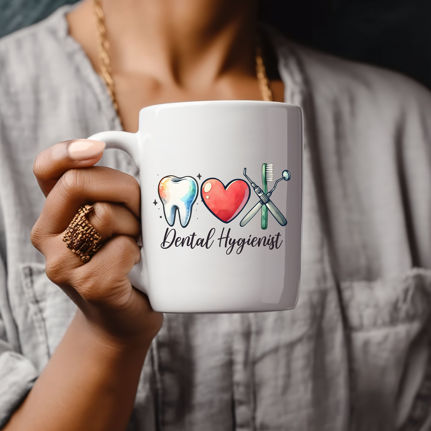 a woman holding a coffee mug with a heart and two crossed knitting needles