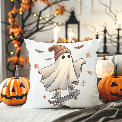 a pillow with a ghost riding a skateboard