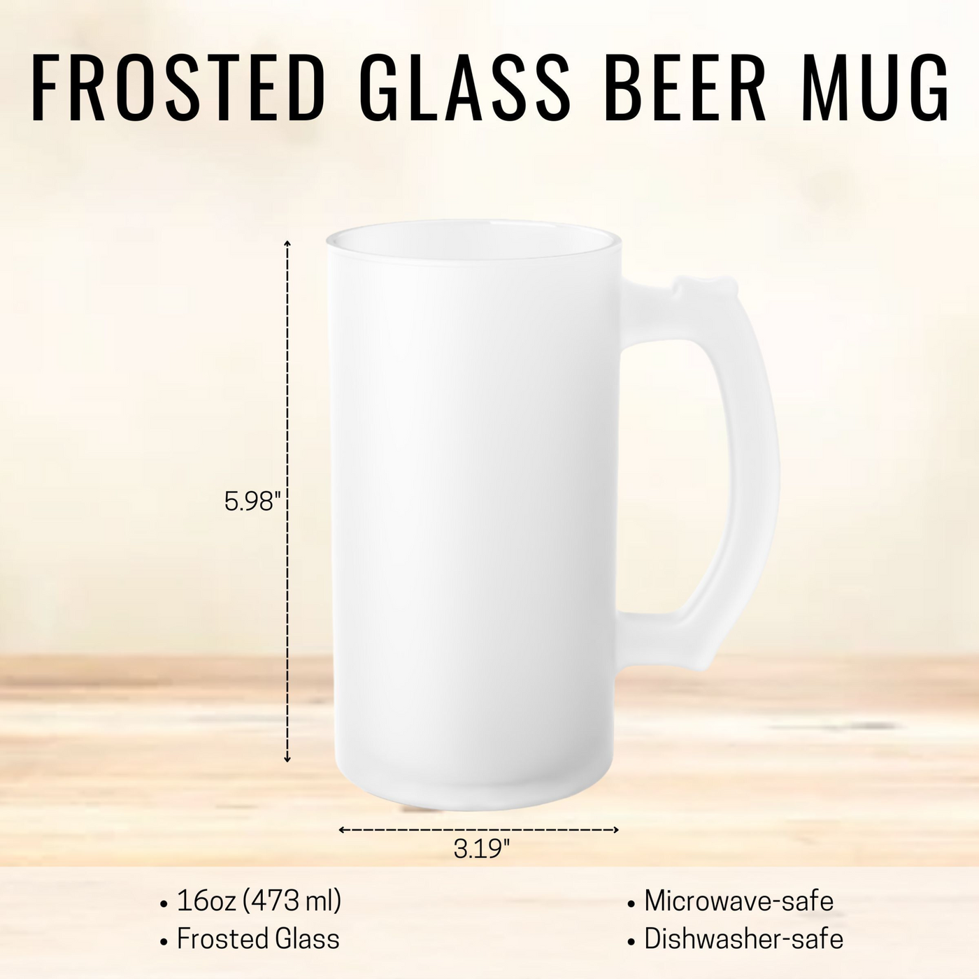 Frosted glass beer mug, 16oz, 5.98 inches tall, 3.19 inches wide, microwave and dishwasher safe