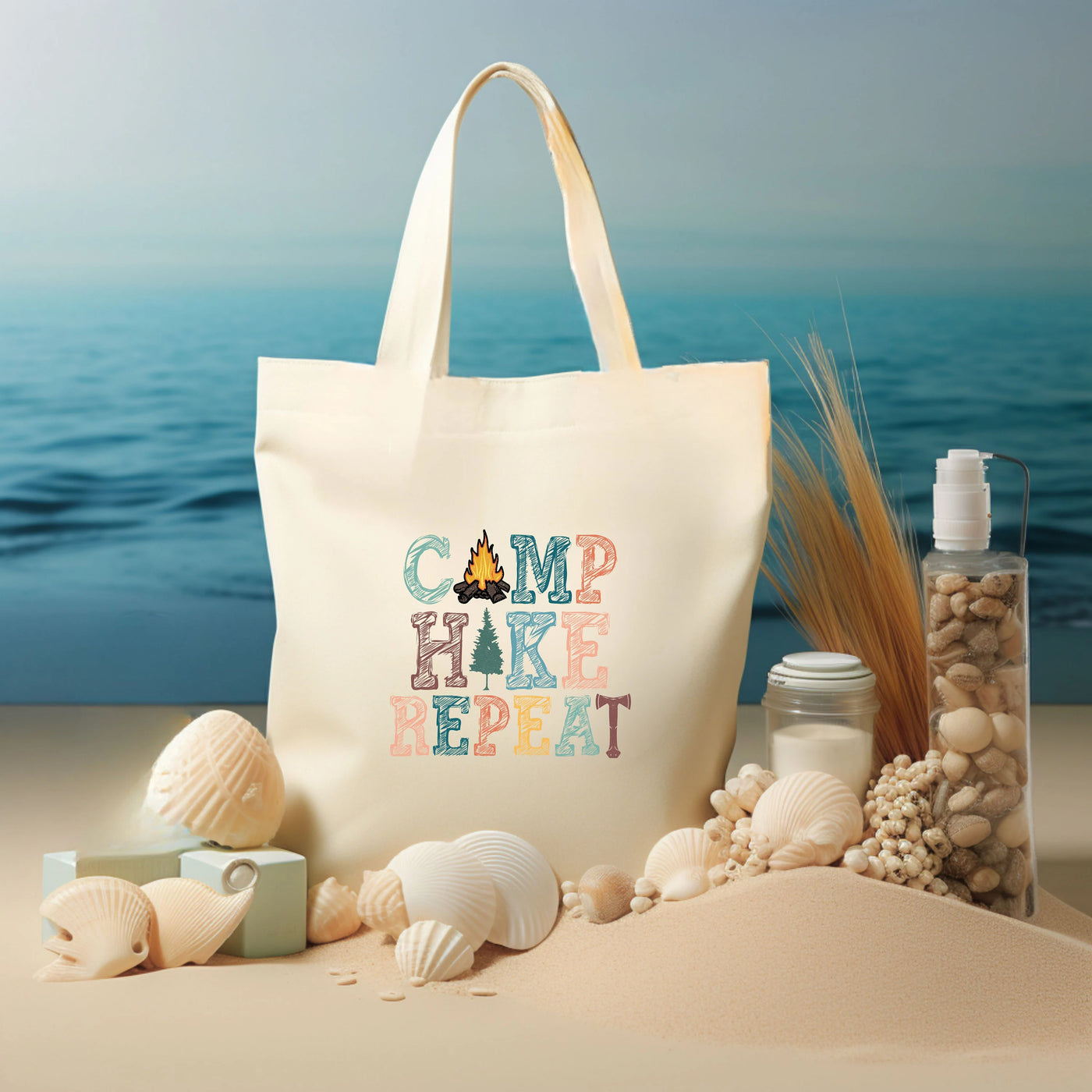 a white bag with a message on it sitting on a beach