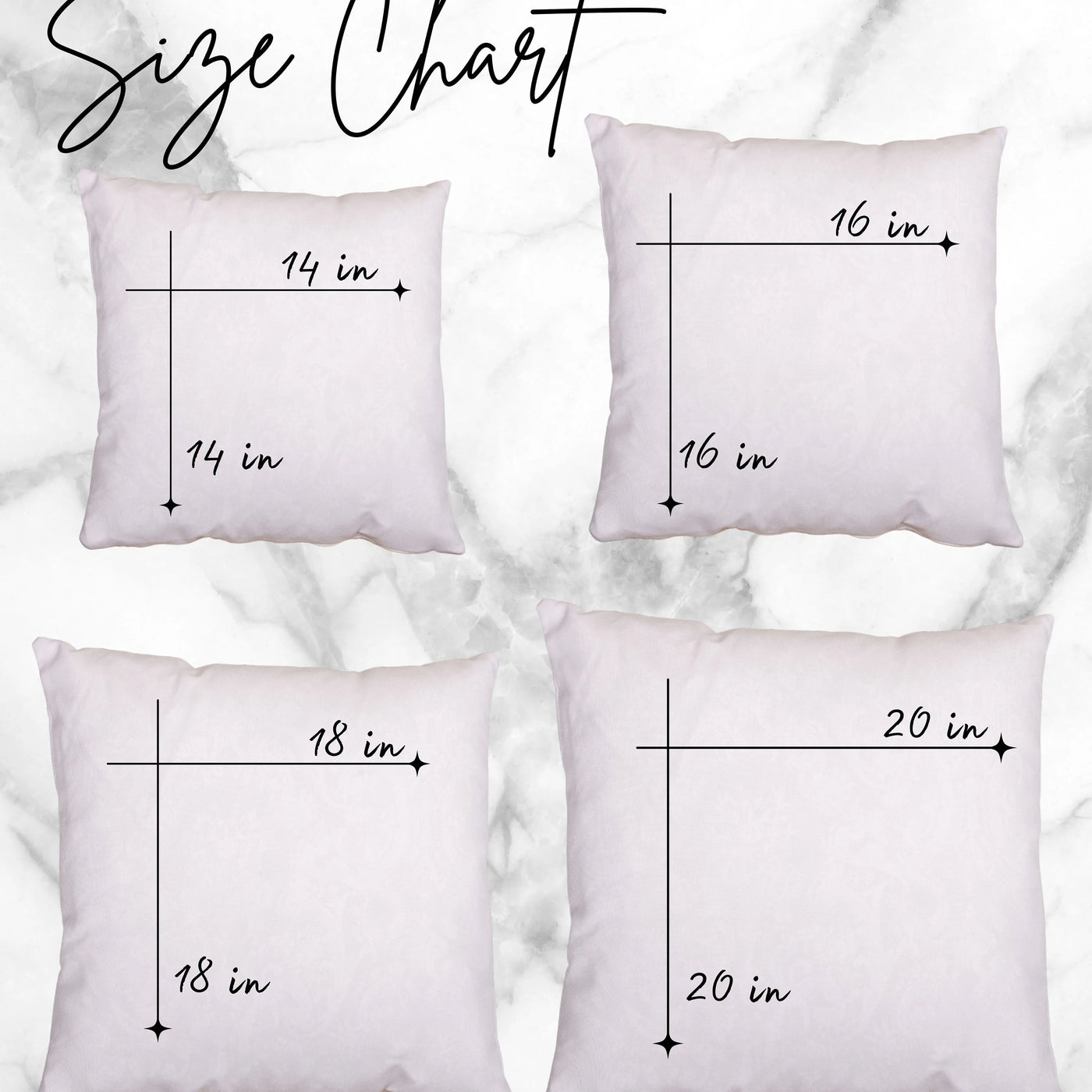 three white pillows with measurements for each pillow