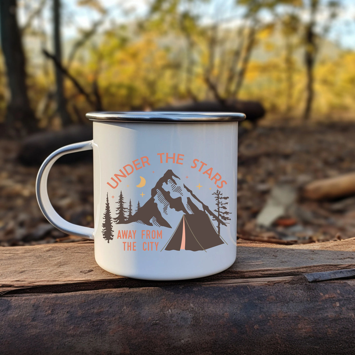 a camp mug sitting on a piece of wood