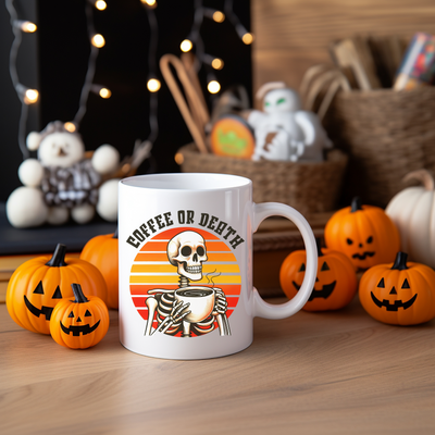 a white coffee mug with a skeleton on it