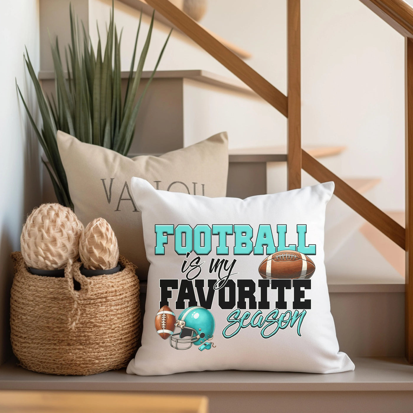 a football pillow sitting on top of a wooden shelf