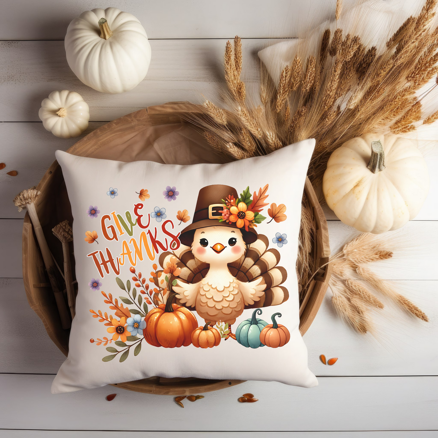 a white pillow with a thanksgiving turkey on it