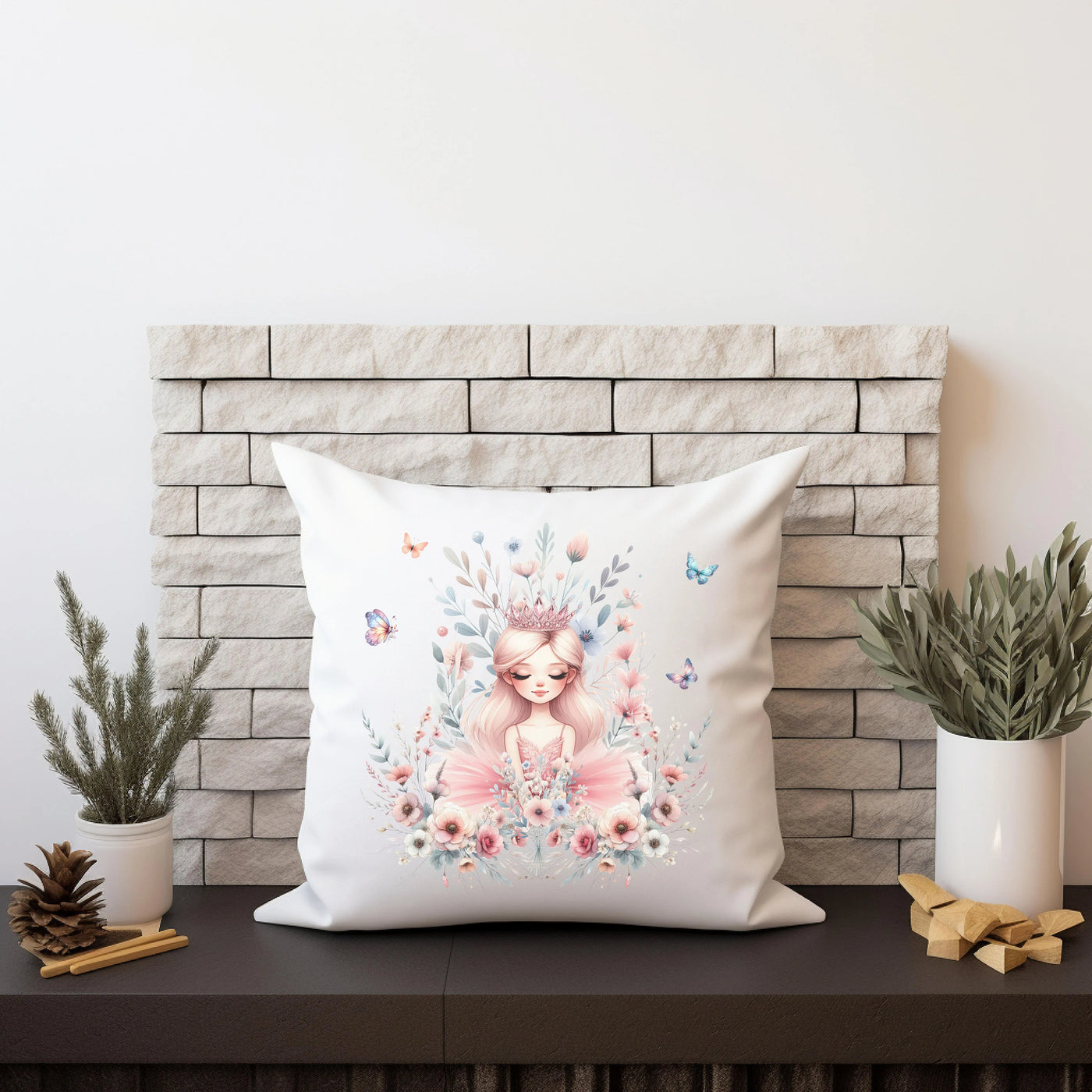 Decorative pillow with fairy design and floral elements on modern shelf with plants