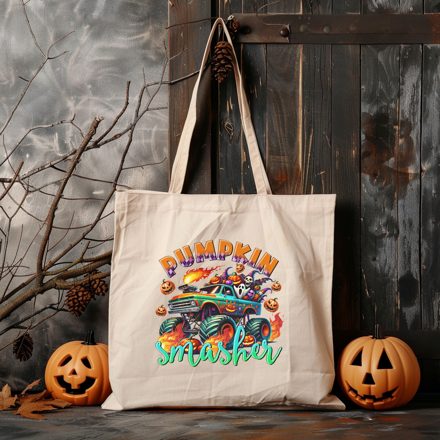 a tote bag sitting next to two pumpkins