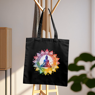 a black tote bag with a picture of a woman doing yoga