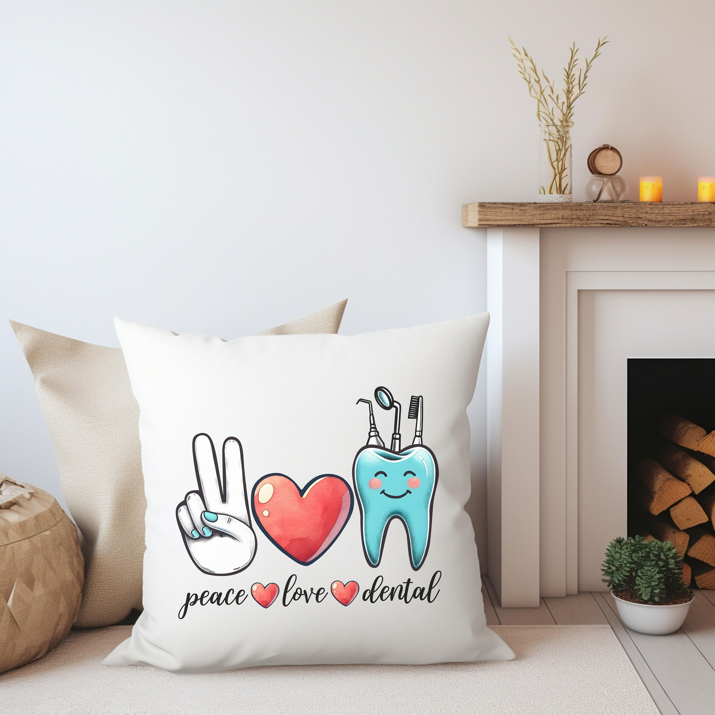 a white pillow with a peace love dental design on it