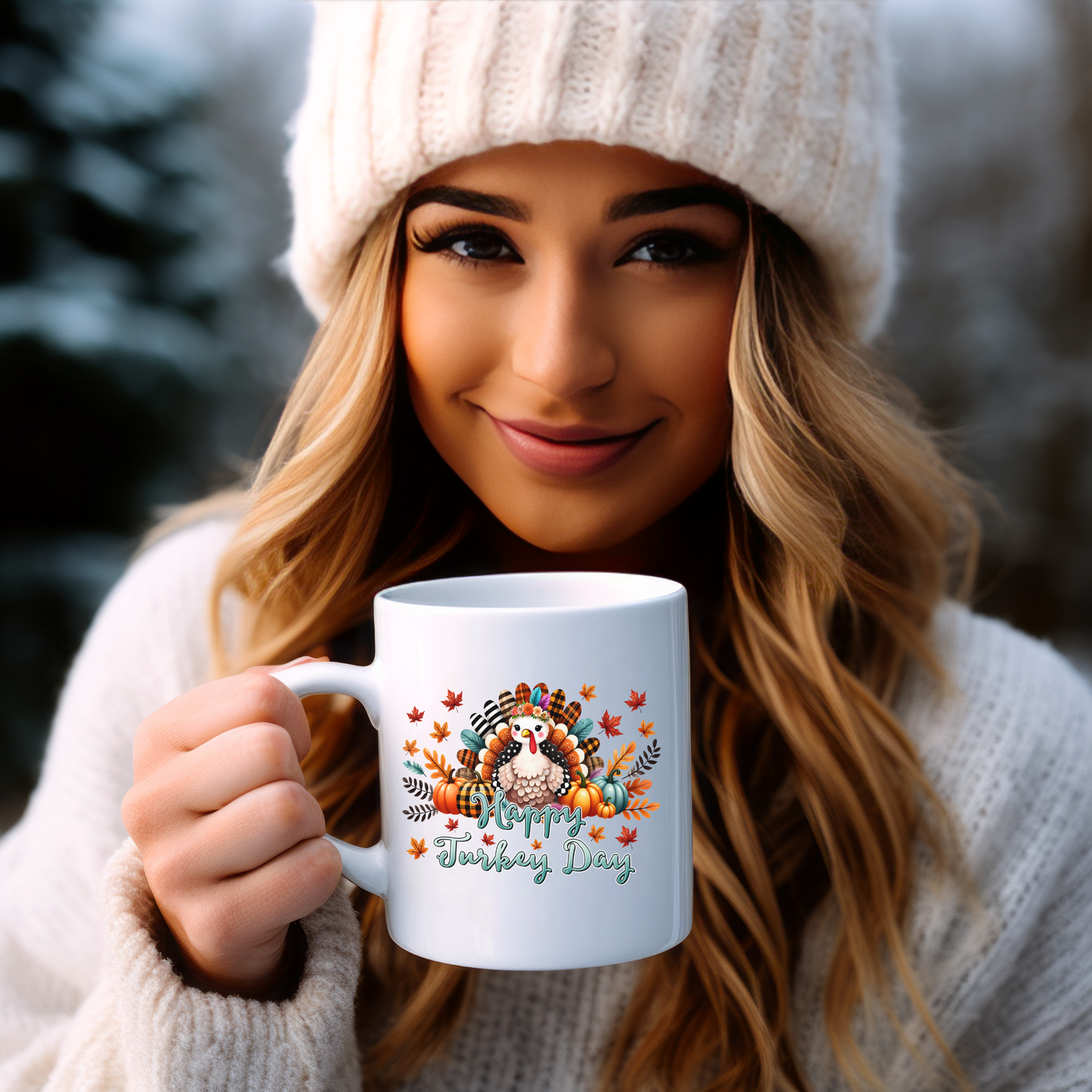 a woman wearing a white hat holding a coffee mug