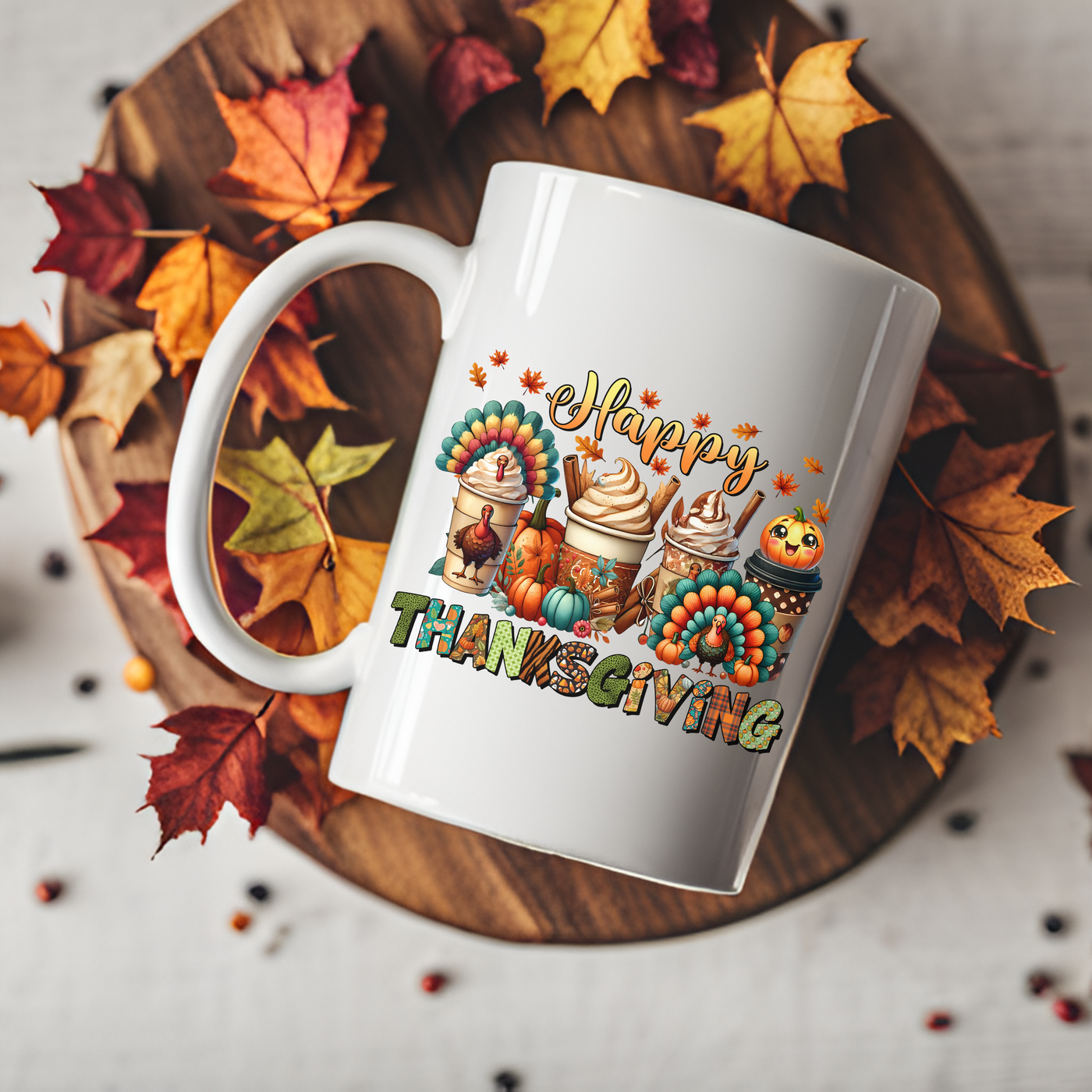 a white coffee mug with a thanksgiving design on it