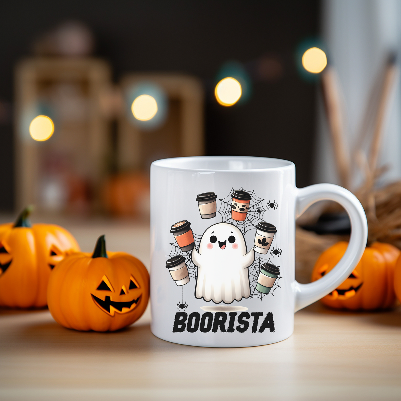 a white coffee mug with a ghost on it