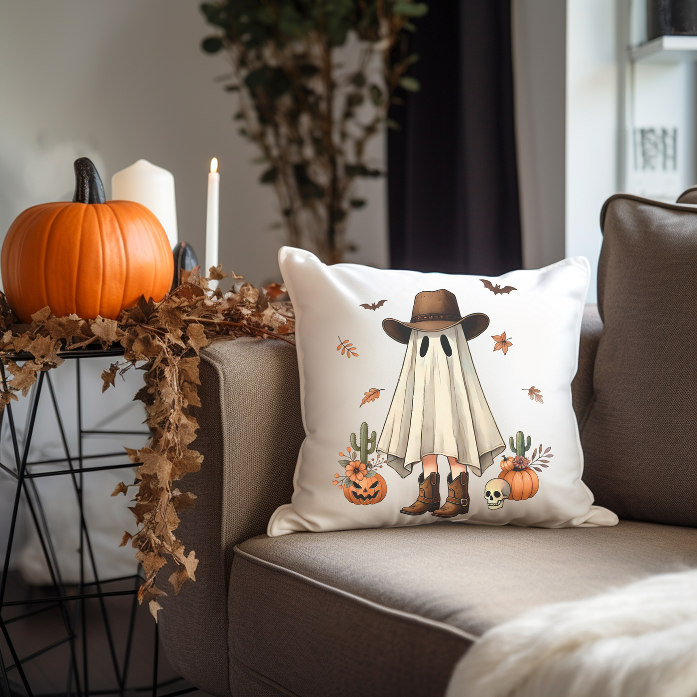 a pillow with a scarecrow on it sitting on a couch