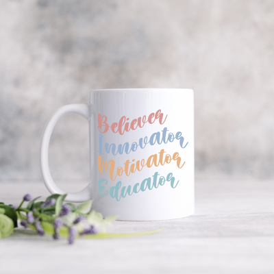 a white coffee mug with the words behavior innevator, motivational, and