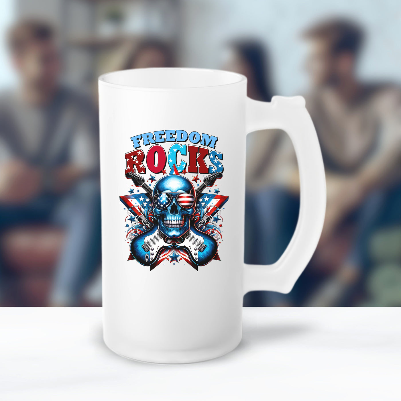 White beer mug with "Freedom Rocks" and a patriotic skull design, featuring guitars and American flag elements.