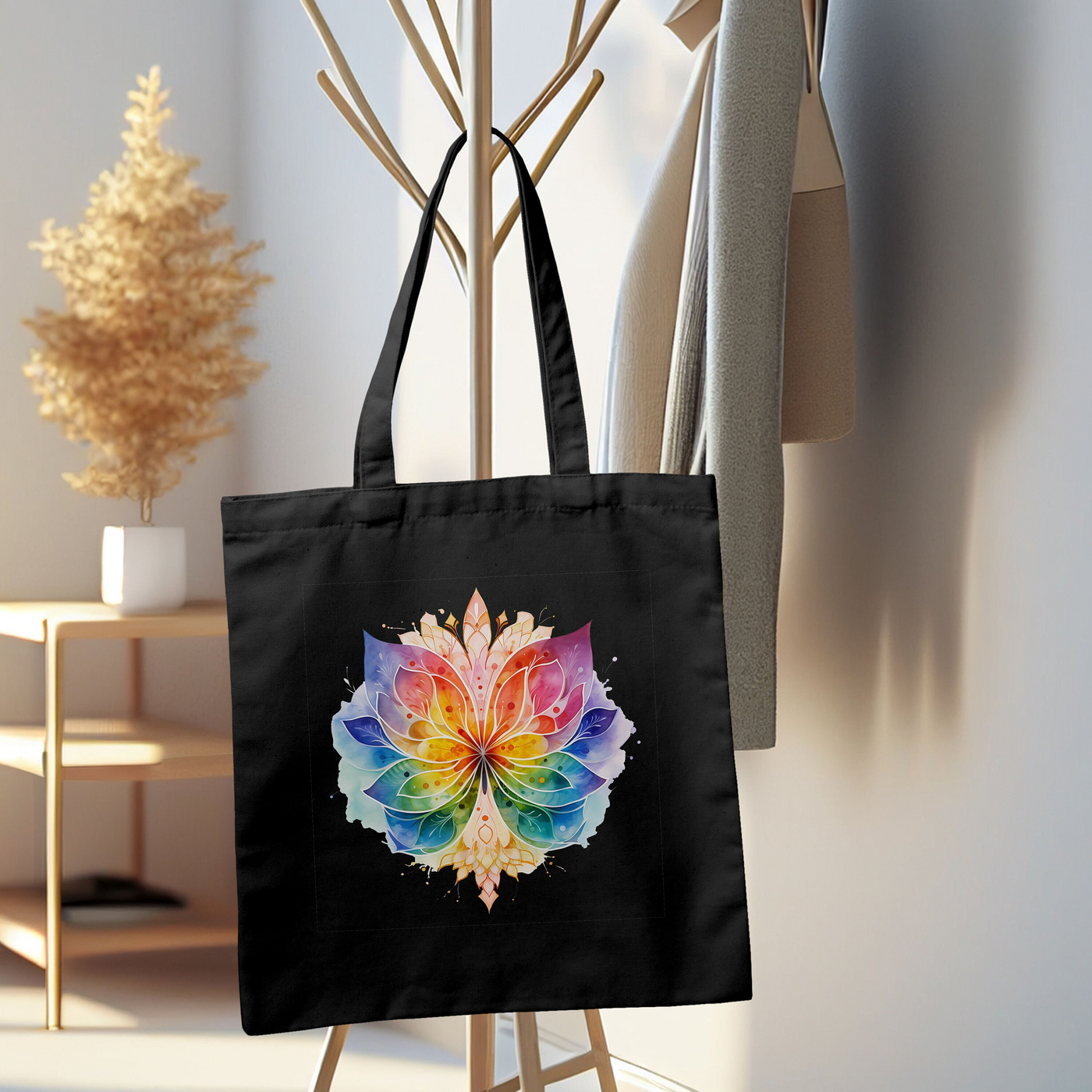 Black tote bag with colorful floral mandala design hanging on a wooden rack in a cozy, minimalist room.