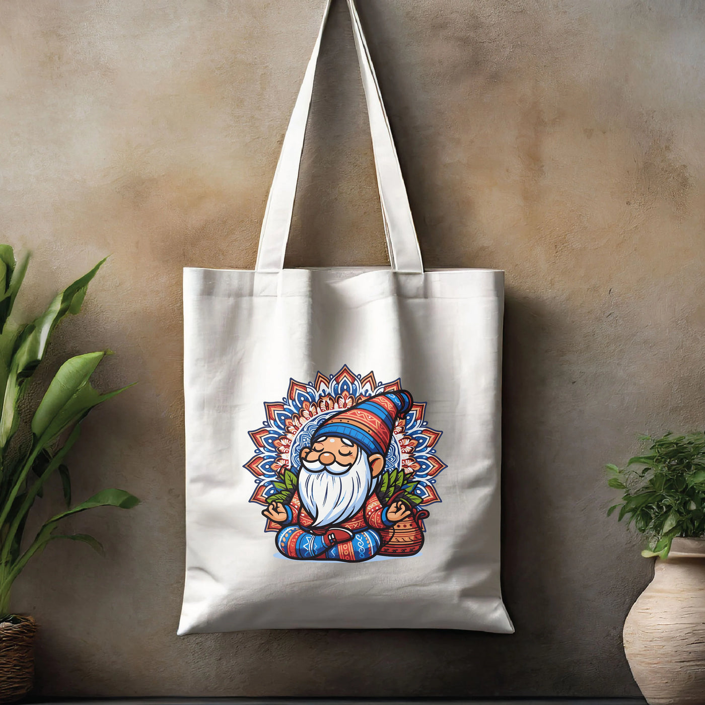 a white bag with a picture of a gnome on it