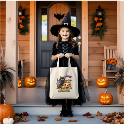 a little girl in a witch costume holding a trick or treat bag