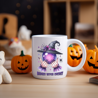 a white coffee mug with a witch on it