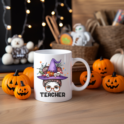 a white coffee mug with an image of a witch on it