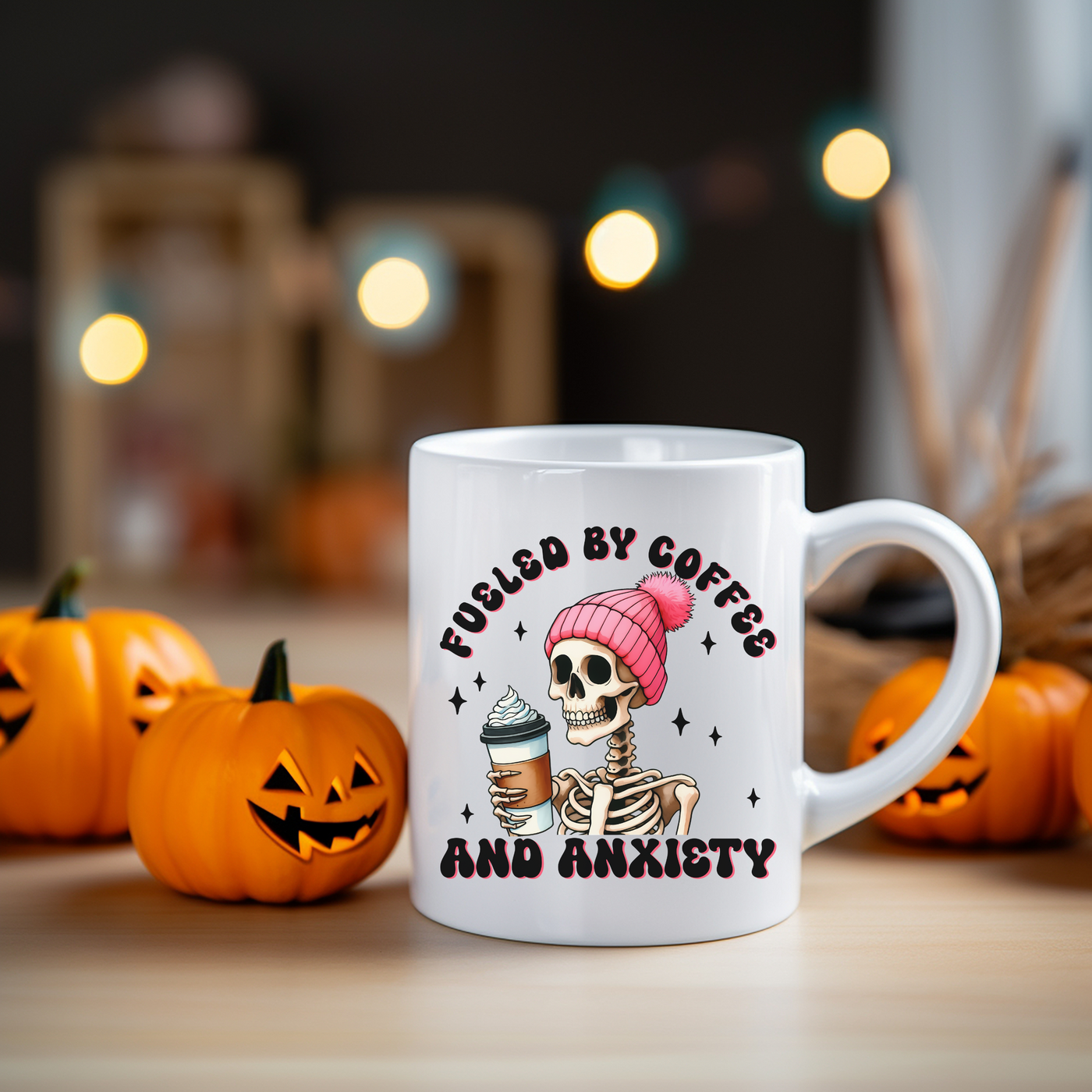 a coffee mug with a skeleton holding a cup of coffee