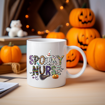 a white coffee mug with spooky nurse written on it